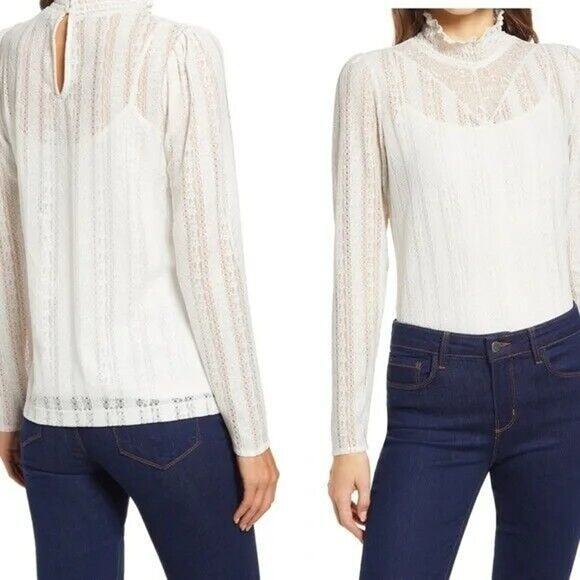 HALOGEN Lace Mock Neck Long Sleeve Blouse Top XS extra small Ivory NWT Pullover - Picture 1 of 5
